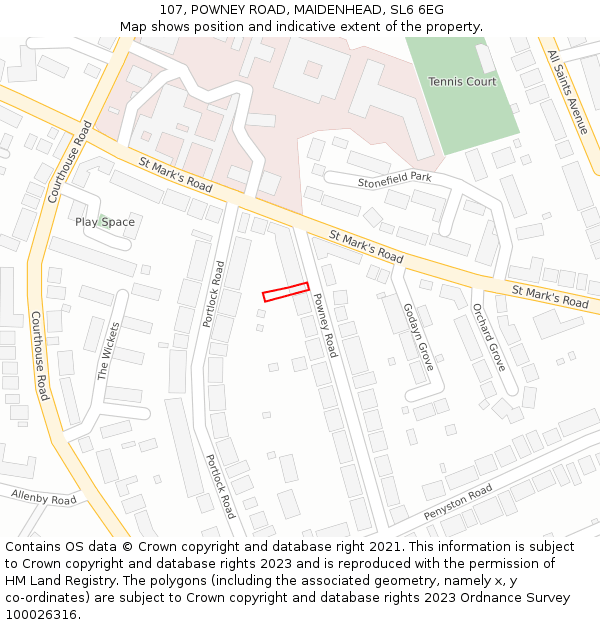 107, POWNEY ROAD, MAIDENHEAD, SL6 6EG: Location map and indicative extent of plot