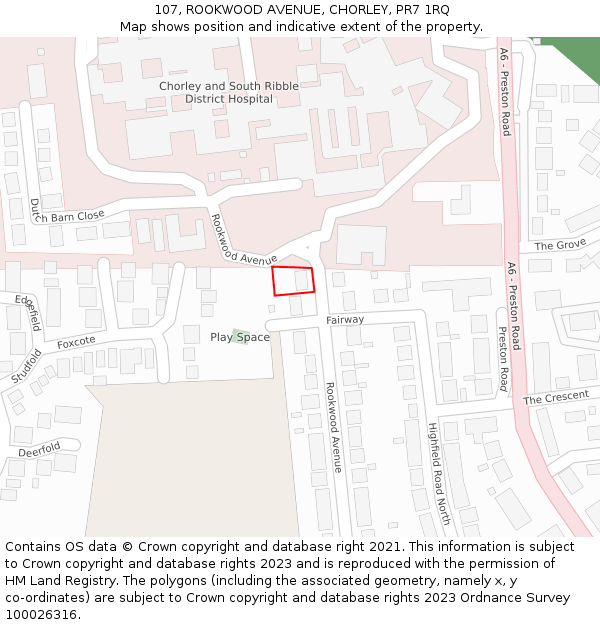 107, ROOKWOOD AVENUE, CHORLEY, PR7 1RQ: Location map and indicative extent of plot