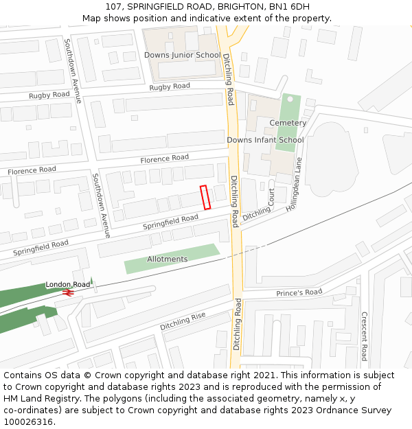 107, SPRINGFIELD ROAD, BRIGHTON, BN1 6DH: Location map and indicative extent of plot