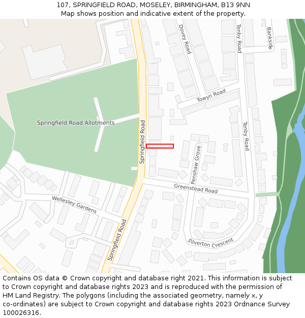 107, SPRINGFIELD ROAD, MOSELEY, BIRMINGHAM, B13 9NN: Location map and indicative extent of plot