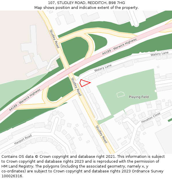 107, STUDLEY ROAD, REDDITCH, B98 7HG: Location map and indicative extent of plot
