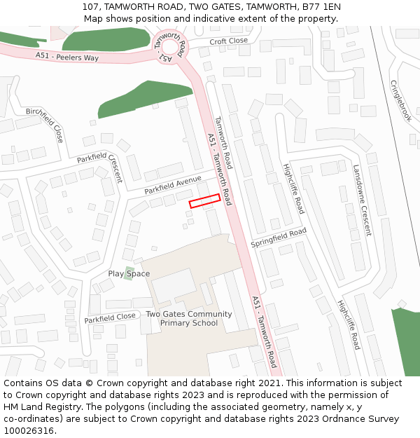 107, TAMWORTH ROAD, TWO GATES, TAMWORTH, B77 1EN: Location map and indicative extent of plot