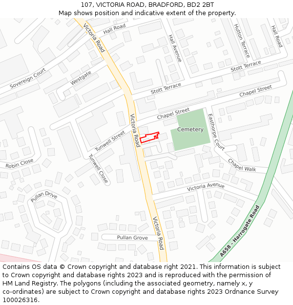 107, VICTORIA ROAD, BRADFORD, BD2 2BT: Location map and indicative extent of plot