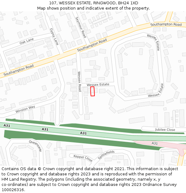 107, WESSEX ESTATE, RINGWOOD, BH24 1XD: Location map and indicative extent of plot