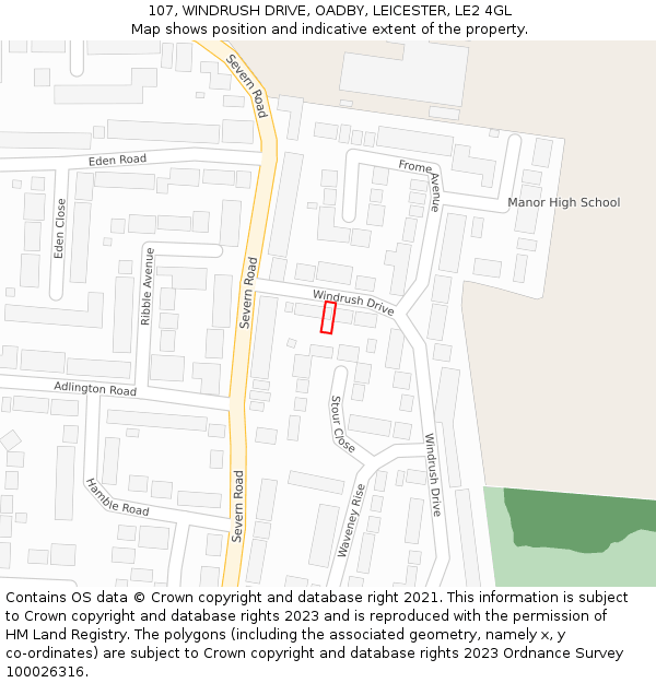 107, WINDRUSH DRIVE, OADBY, LEICESTER, LE2 4GL: Location map and indicative extent of plot