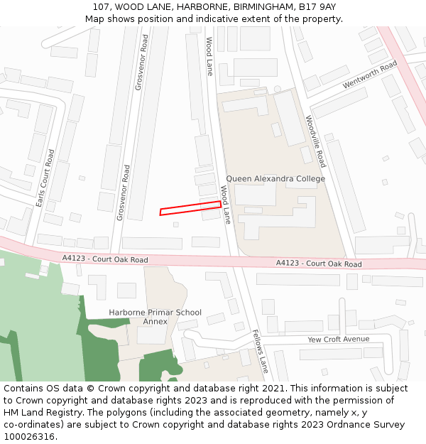 107, WOOD LANE, HARBORNE, BIRMINGHAM, B17 9AY: Location map and indicative extent of plot