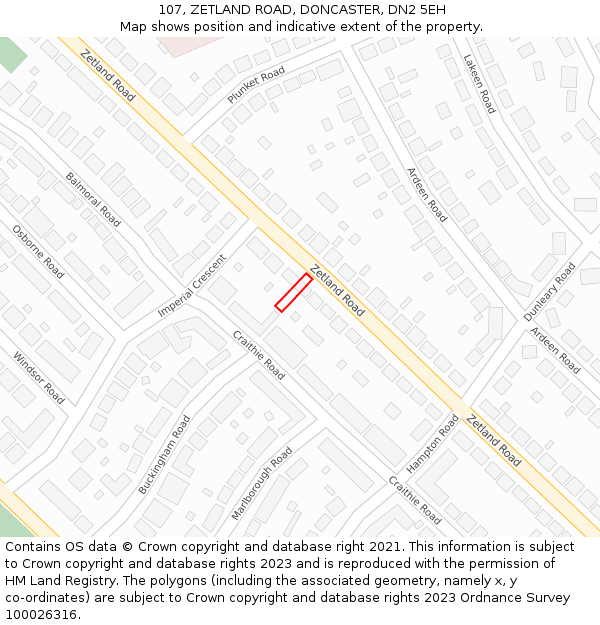 107, ZETLAND ROAD, DONCASTER, DN2 5EH: Location map and indicative extent of plot
