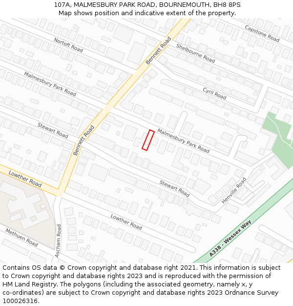 107A, MALMESBURY PARK ROAD, BOURNEMOUTH, BH8 8PS: Location map and indicative extent of plot