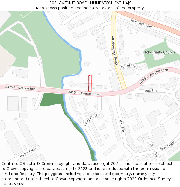 108, AVENUE ROAD, NUNEATON, CV11 4JS: Location map and indicative extent of plot
