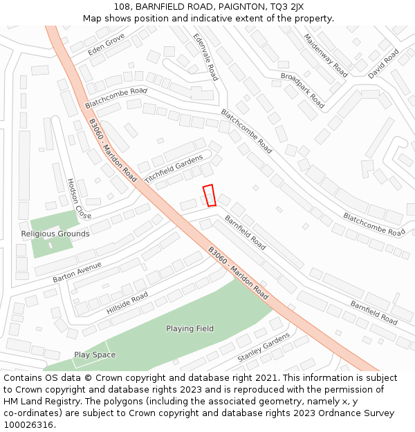 108, BARNFIELD ROAD, PAIGNTON, TQ3 2JX: Location map and indicative extent of plot