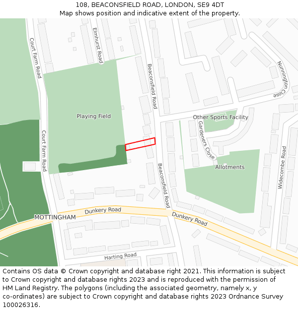 108, BEACONSFIELD ROAD, LONDON, SE9 4DT: Location map and indicative extent of plot