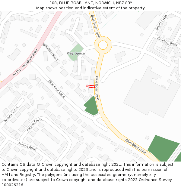108, BLUE BOAR LANE, NORWICH, NR7 8RY: Location map and indicative extent of plot