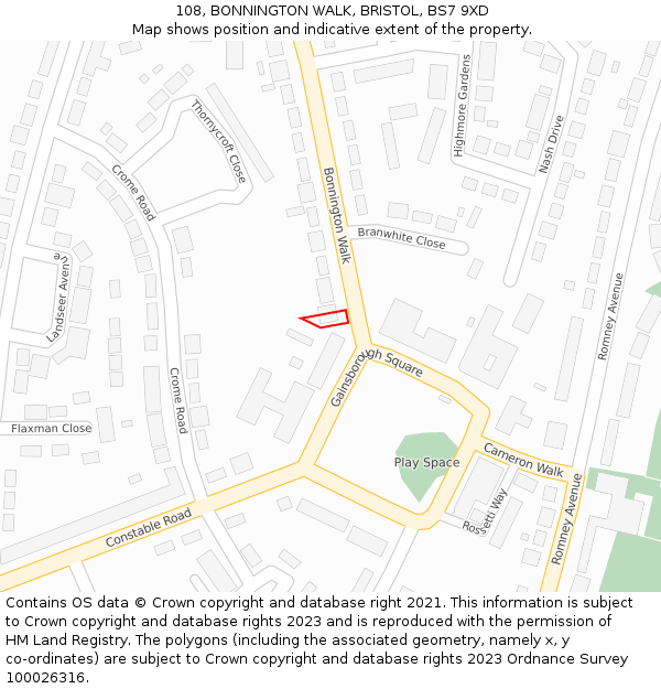 108, BONNINGTON WALK, BRISTOL, BS7 9XD: Location map and indicative extent of plot