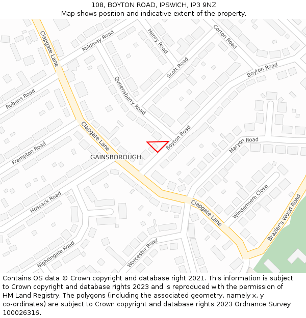 108, BOYTON ROAD, IPSWICH, IP3 9NZ: Location map and indicative extent of plot