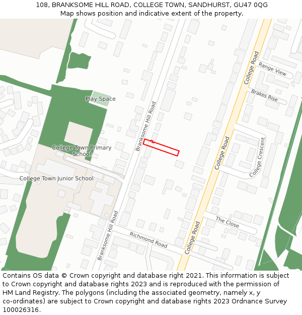 108, BRANKSOME HILL ROAD, COLLEGE TOWN, SANDHURST, GU47 0QG: Location map and indicative extent of plot