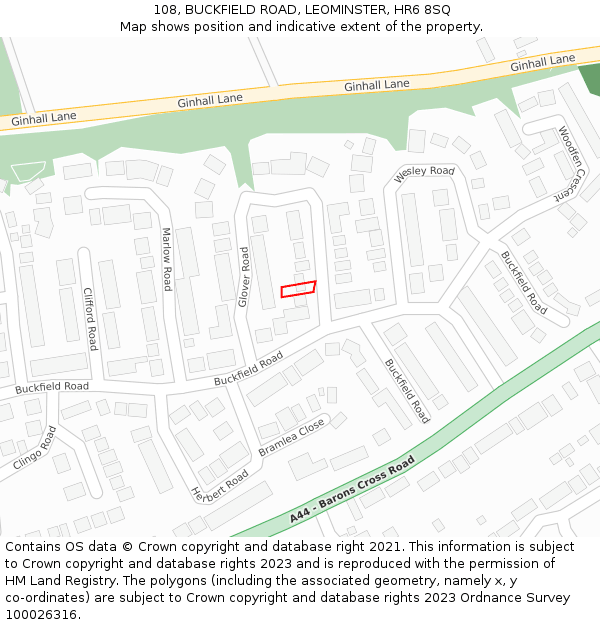 108, BUCKFIELD ROAD, LEOMINSTER, HR6 8SQ: Location map and indicative extent of plot