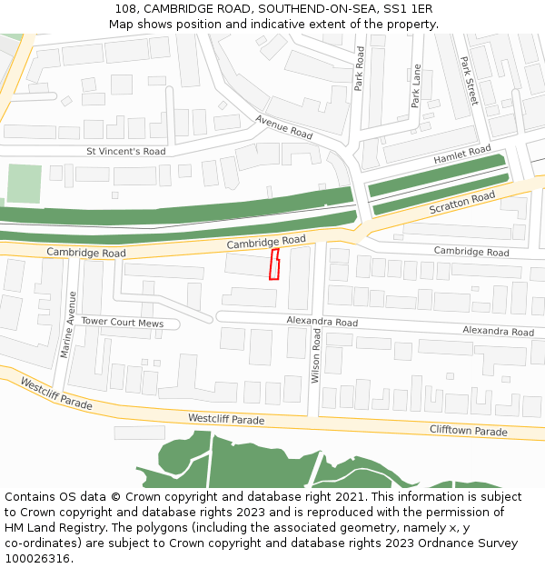108, CAMBRIDGE ROAD, SOUTHEND-ON-SEA, SS1 1ER: Location map and indicative extent of plot