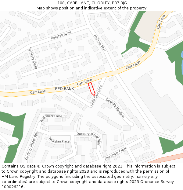 108, CARR LANE, CHORLEY, PR7 3JG: Location map and indicative extent of plot