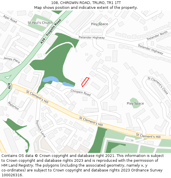 108, CHIRGWIN ROAD, TRURO, TR1 1TT: Location map and indicative extent of plot