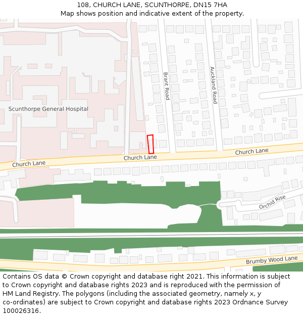 108, CHURCH LANE, SCUNTHORPE, DN15 7HA: Location map and indicative extent of plot