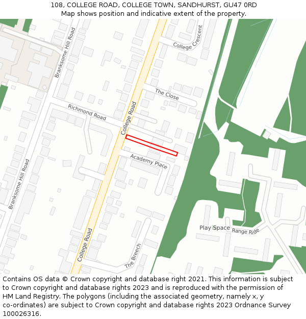 108, COLLEGE ROAD, COLLEGE TOWN, SANDHURST, GU47 0RD: Location map and indicative extent of plot