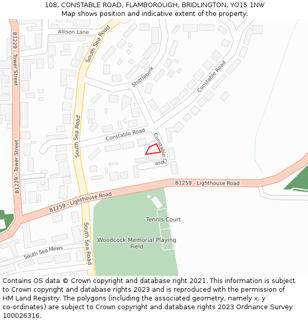 108, CONSTABLE ROAD, FLAMBOROUGH, BRIDLINGTON, YO15 1NW: Location map and indicative extent of plot
