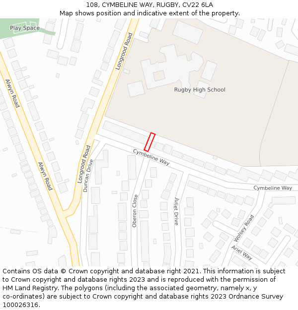 108, CYMBELINE WAY, RUGBY, CV22 6LA: Location map and indicative extent of plot