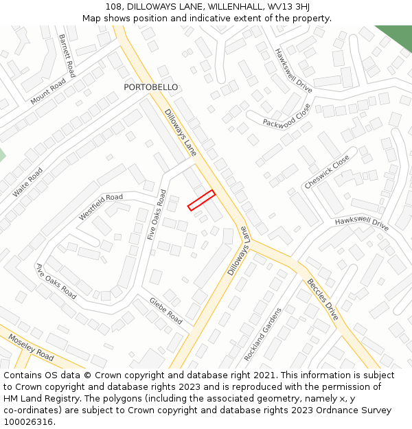108, DILLOWAYS LANE, WILLENHALL, WV13 3HJ: Location map and indicative extent of plot