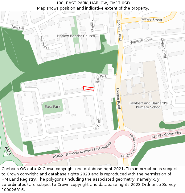 108, EAST PARK, HARLOW, CM17 0SB: Location map and indicative extent of plot