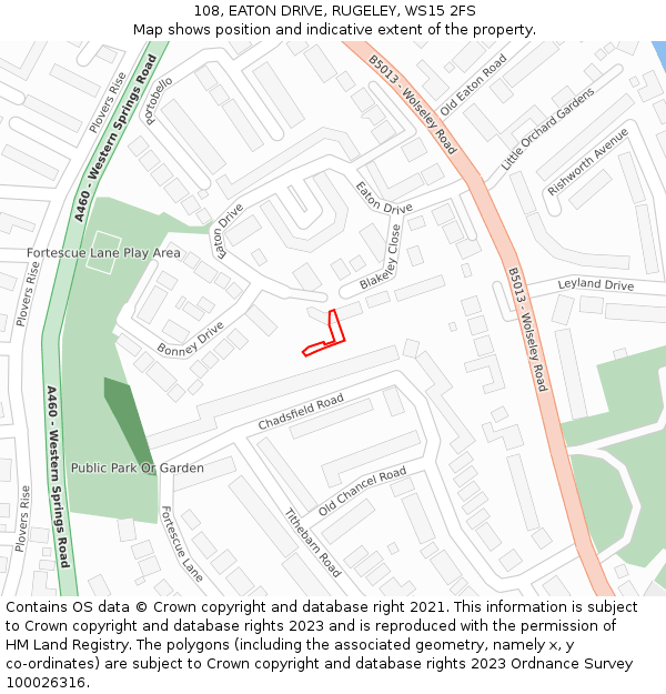 108, EATON DRIVE, RUGELEY, WS15 2FS: Location map and indicative extent of plot