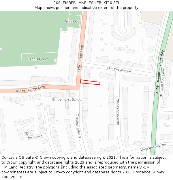 108, EMBER LANE, ESHER, KT10 8EL: Location map and indicative extent of plot