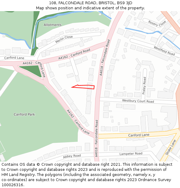 108, FALCONDALE ROAD, BRISTOL, BS9 3JD: Location map and indicative extent of plot