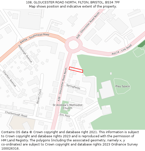 108, GLOUCESTER ROAD NORTH, FILTON, BRISTOL, BS34 7PF: Location map and indicative extent of plot