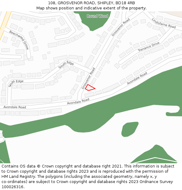 108, GROSVENOR ROAD, SHIPLEY, BD18 4RB: Location map and indicative extent of plot