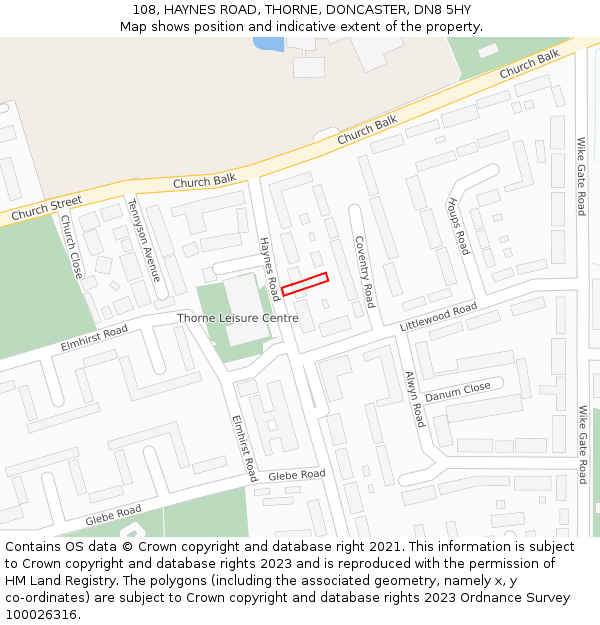 108, HAYNES ROAD, THORNE, DONCASTER, DN8 5HY: Location map and indicative extent of plot