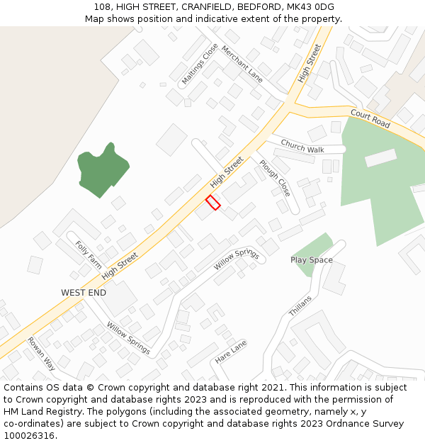 108, HIGH STREET, CRANFIELD, BEDFORD, MK43 0DG: Location map and indicative extent of plot