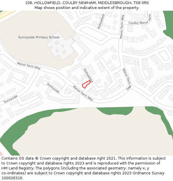 108, HOLLOWFIELD, COULBY NEWHAM, MIDDLESBROUGH, TS8 0RS: Location map and indicative extent of plot