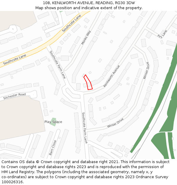 108, KENILWORTH AVENUE, READING, RG30 3DW: Location map and indicative extent of plot