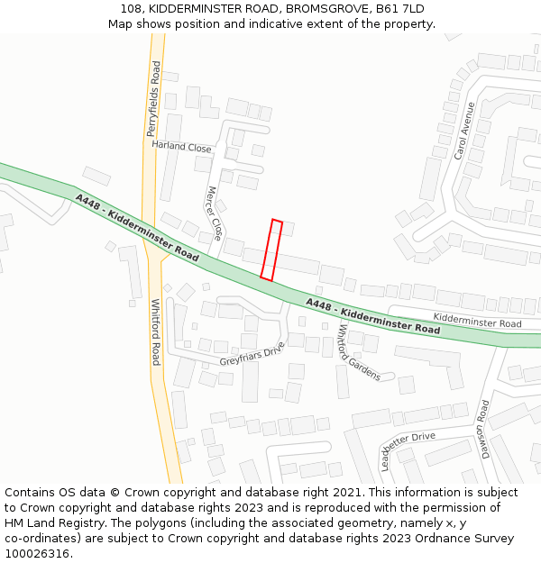 108, KIDDERMINSTER ROAD, BROMSGROVE, B61 7LD: Location map and indicative extent of plot
