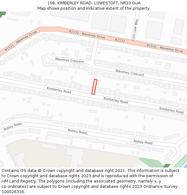 108, KIMBERLEY ROAD, LOWESTOFT, NR33 0UA: Location map and indicative extent of plot