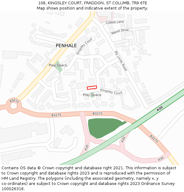108, KINGSLEY COURT, FRADDON, ST COLUMB, TR9 6TE: Location map and indicative extent of plot