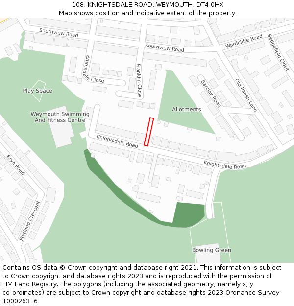 108, KNIGHTSDALE ROAD, WEYMOUTH, DT4 0HX: Location map and indicative extent of plot