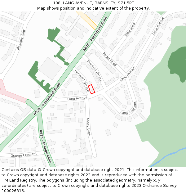 108, LANG AVENUE, BARNSLEY, S71 5PT: Location map and indicative extent of plot