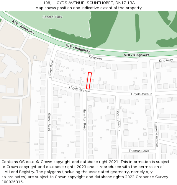 108, LLOYDS AVENUE, SCUNTHORPE, DN17 1BA: Location map and indicative extent of plot