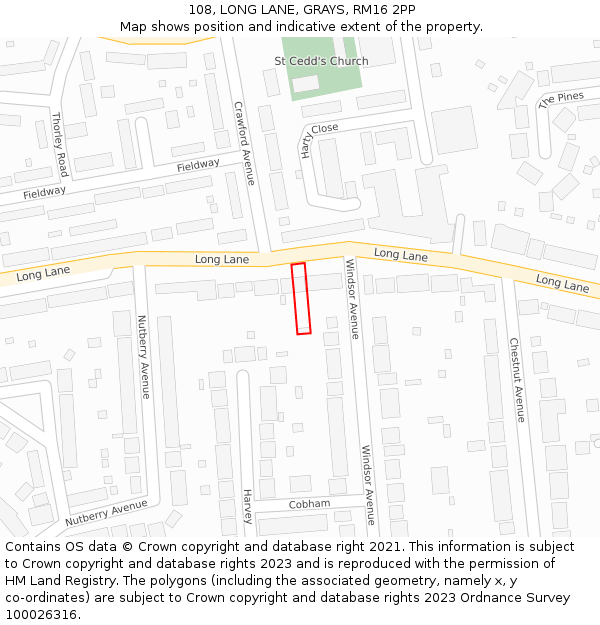 108, LONG LANE, GRAYS, RM16 2PP: Location map and indicative extent of plot