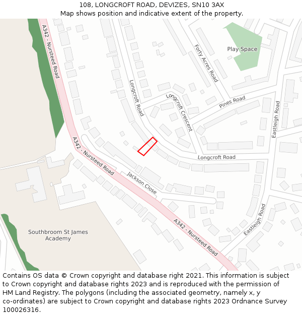 108, LONGCROFT ROAD, DEVIZES, SN10 3AX: Location map and indicative extent of plot
