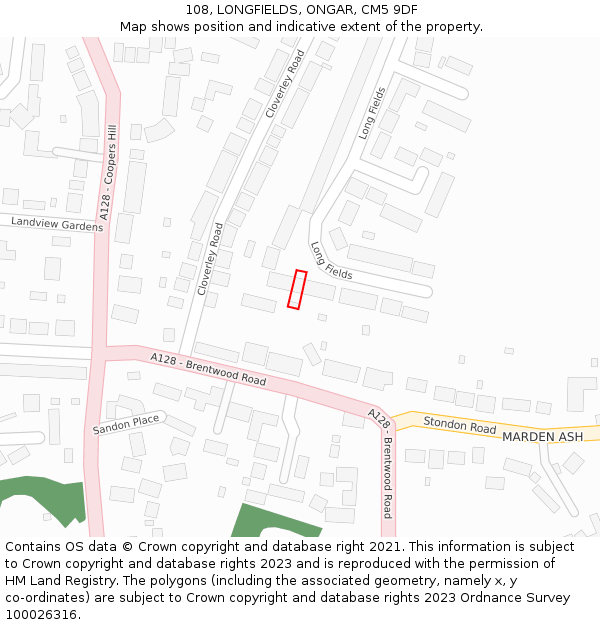 108, LONGFIELDS, ONGAR, CM5 9DF: Location map and indicative extent of plot