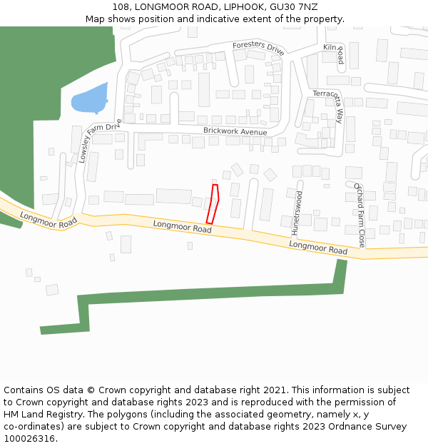 108, LONGMOOR ROAD, LIPHOOK, GU30 7NZ: Location map and indicative extent of plot
