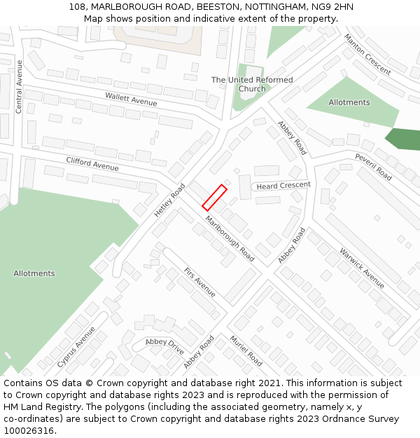 108, MARLBOROUGH ROAD, BEESTON, NOTTINGHAM, NG9 2HN: Location map and indicative extent of plot