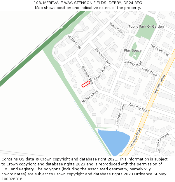 108, MEREVALE WAY, STENSON FIELDS, DERBY, DE24 3EG: Location map and indicative extent of plot